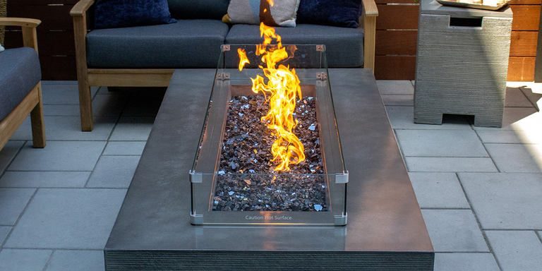 The Zen Gas Fire Pit with black reflective fire glass media 
