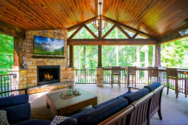 View of Outdoor Fireplace & Living Room