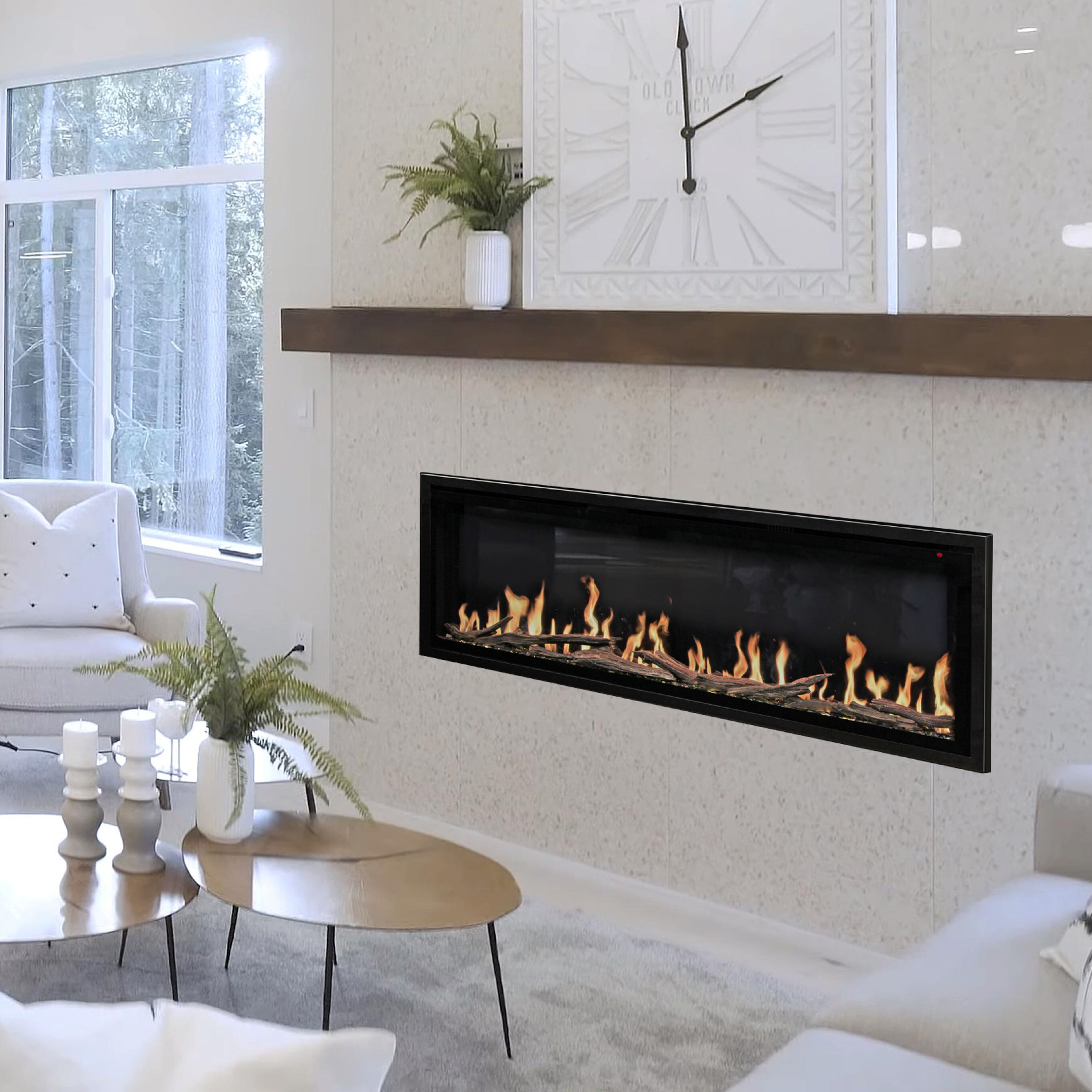 The Modern Flames Landscape Pro Slim Linear Electric Fireplace features lifelike electric flames, multi-colored lighting, and remote controls