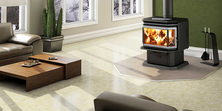 A contemporary living room with a large wood burning stove