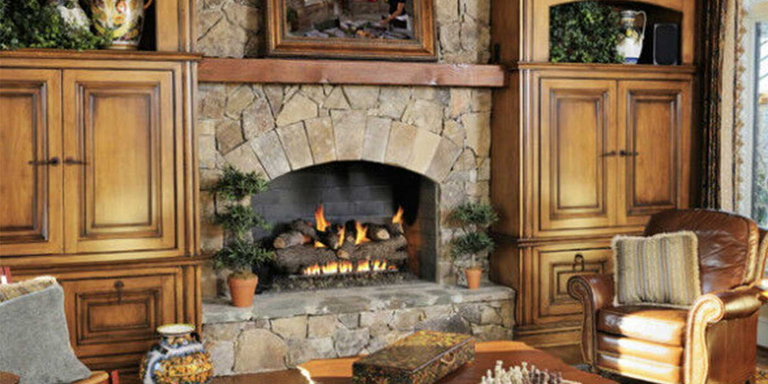 Rustic Stone Fireplace with Real Fyre Gas Logs
