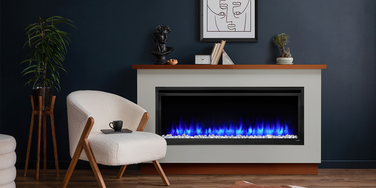 A Modern Flames electric fireplace with blue LED accent lighting
