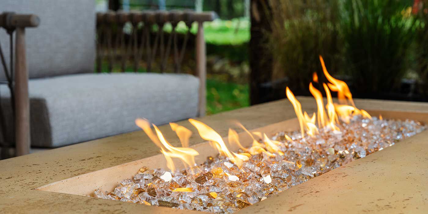 A closeup view of the FlameCraft Tuscan gas fire pit flames