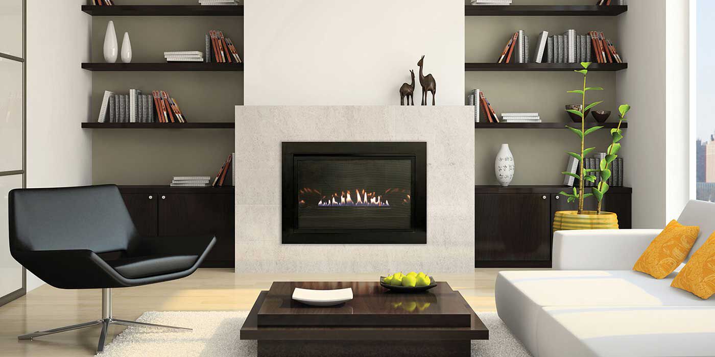 A modern living room with a square Ventless gas fireplace