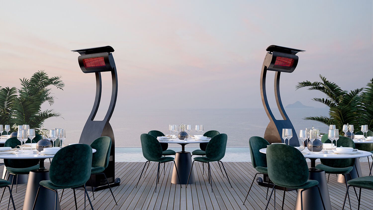 A high-end outdoor dining space on a dock with three tables, black chairs, green ferns in the background, and two portable gas patio heaters positioned over the tables.