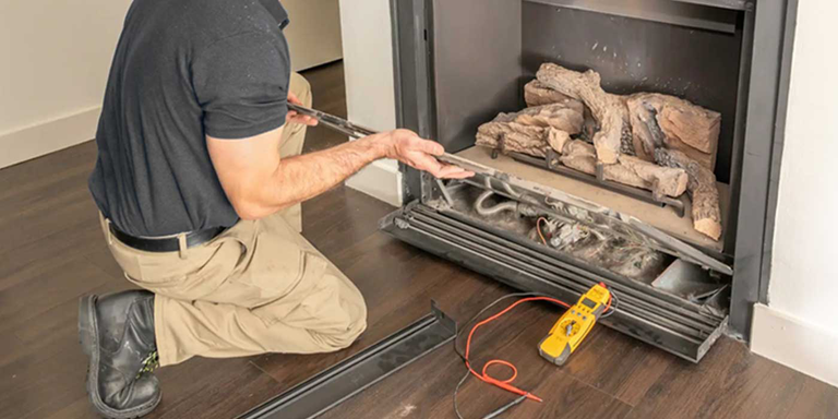 An NFI Certified technician installing a gas fireplace