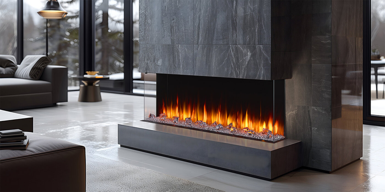 A modern home with a multi-sided electric fireplace 