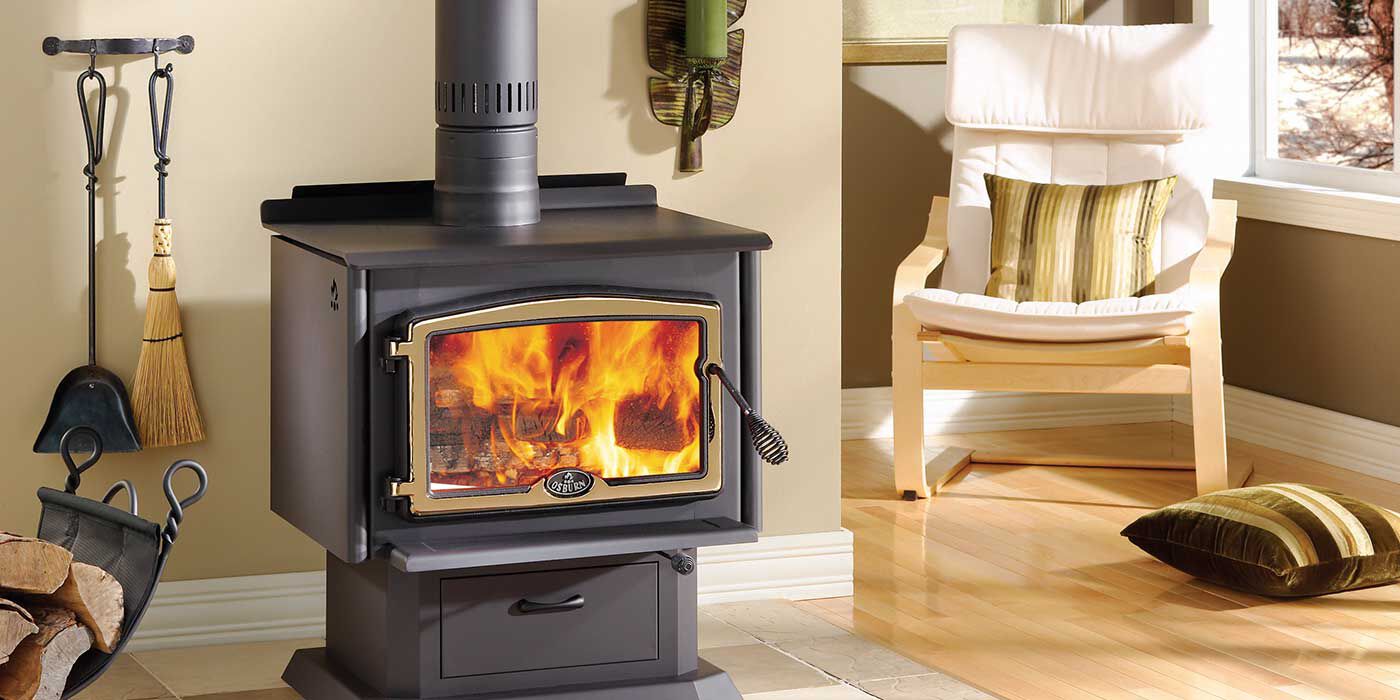 A traditional living room with a traditional wood stove