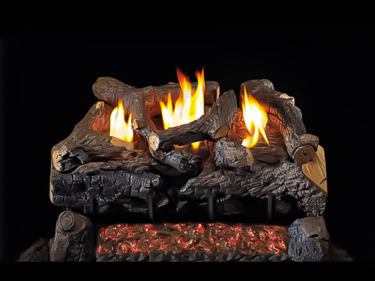 The Evening Fyre Charred gas log set by Real Fyre features a rich bark details and a glowing ember bed to mimic the look of authentic burning firewood.