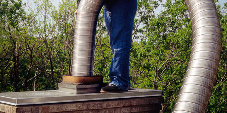 Man Installing Chimney Liner on Roof