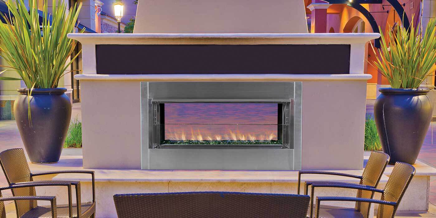 The Superior VRE4543 gas fireplace withstands all weather conditions with its durable stainless steel design and offers easy operation with the included hand-held remote control.