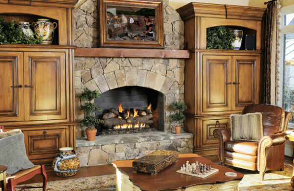 Rustic Stone Fireplace with Real Fyre Gas Logs