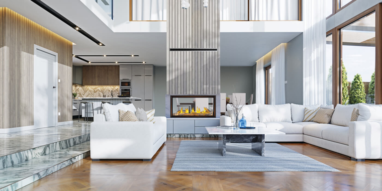 A linear gas fireplace installed in an open concept home