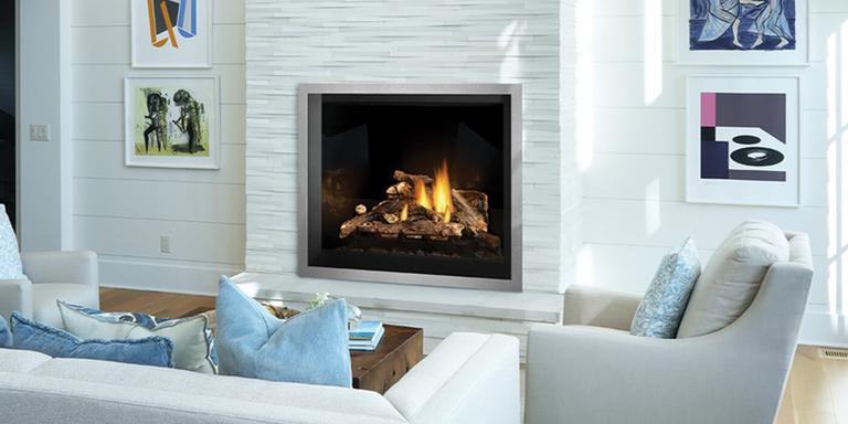 A bright, contemporary living room with a large, square gas fireplace