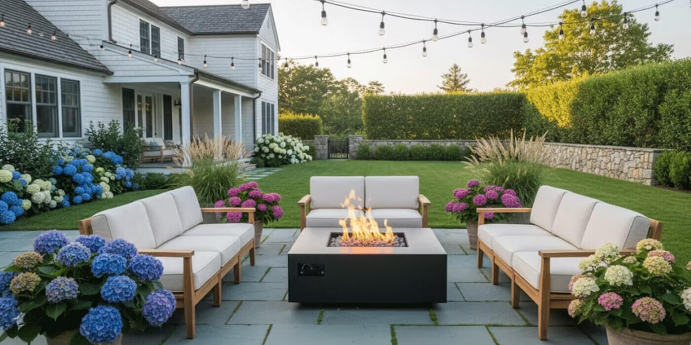 An outdoor living space with patio furniture, string lights, and a large square gas fire pit table in the center