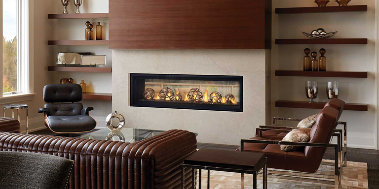 A modern living room with a linear gas fireplace 