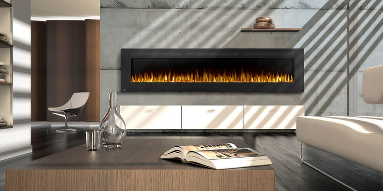 An industrial style home with a massive, linear gas fireplace spanning an entire wall