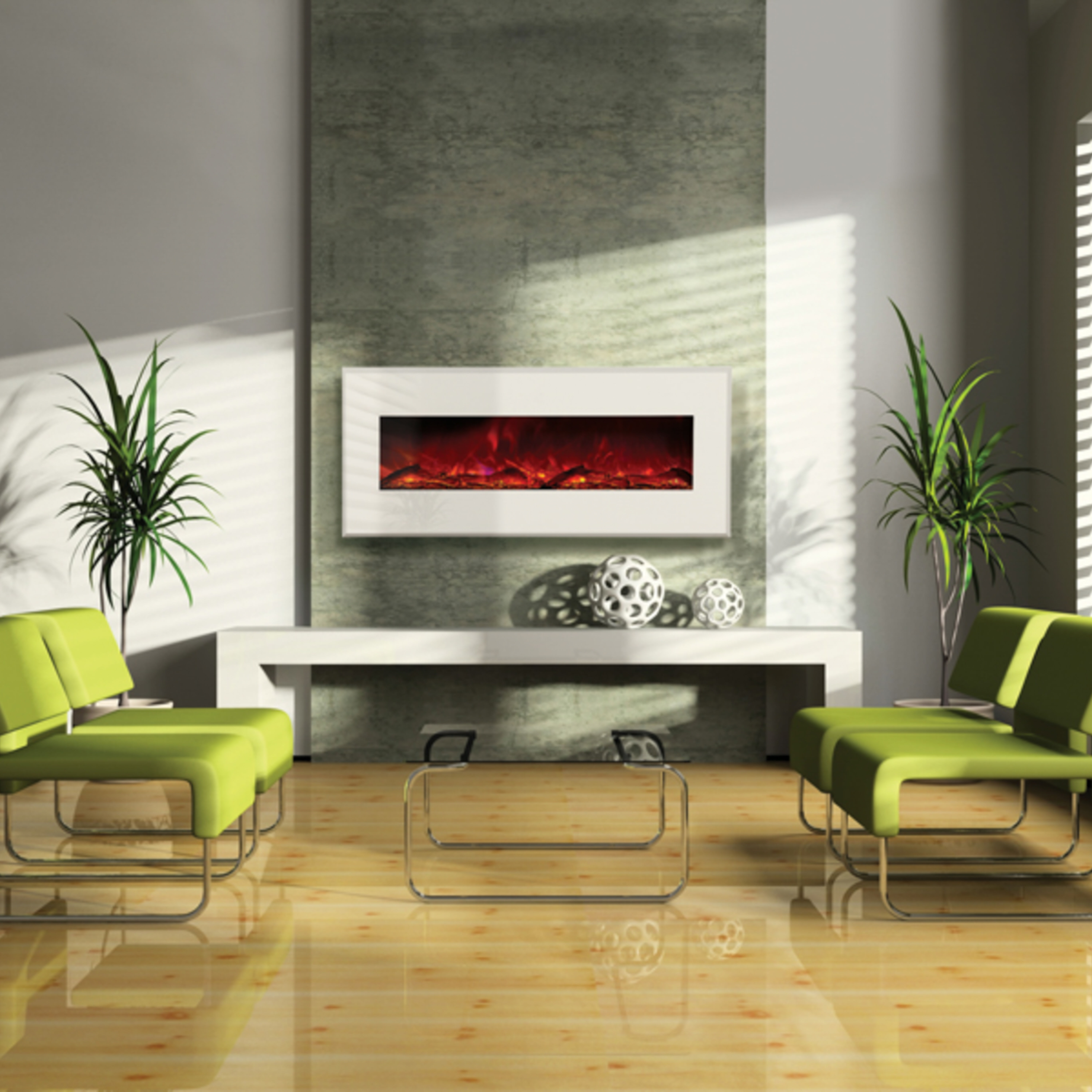 The Amantii Remii Deep Indoor/Outdoor Built-In Electric Fireplace features a unique Fire and Ice flame presentation and a bed of sparkling fire glass media