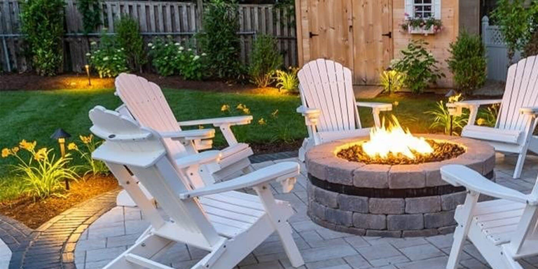 A built-in gas fire pit in a backyard surrounded by adirondack chairs