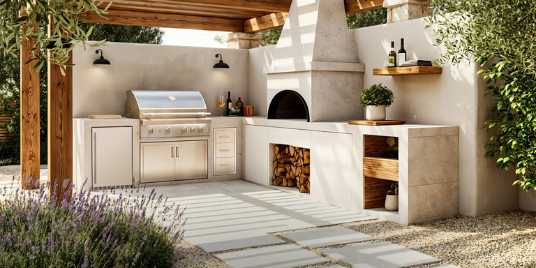 A luxury outdoor kitchen, custom-built with an oven, built-in grill with propane storage, integrated wood storage, outdoor refrigerator, drawers, shelving, and mounted lights.