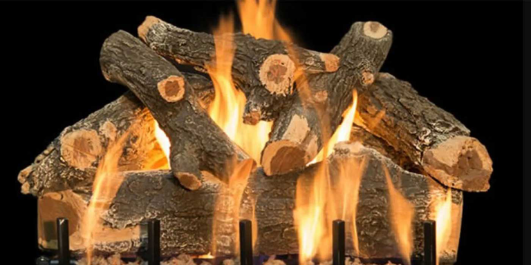 A stack of Vented Arizona Weathered Oak gas logs with rustic bulges, knobs, and cracks on a black background. 