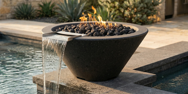 A modern, dark grey conical fire bowl sits on the edge of a swimming pool, featuring a built-in spillway that creates a small waterfall into the water below. The bowl is filled with black lava rocks and a glowing orange flame, set against a background of desert landscaping with agave plants and a stone wall.