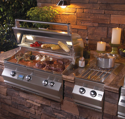 An outdoor kitchen with a built-in side burner