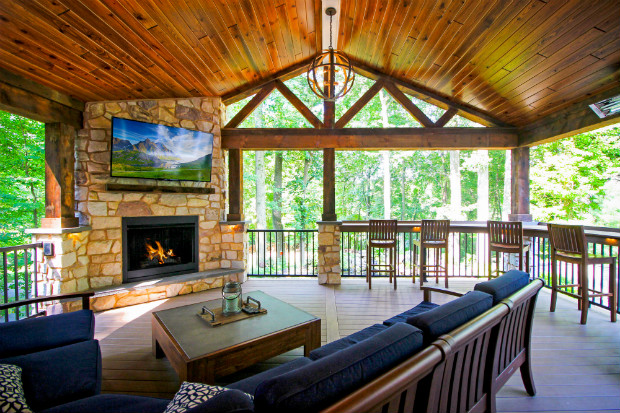 View of Outdoor Fireplace & Living Room