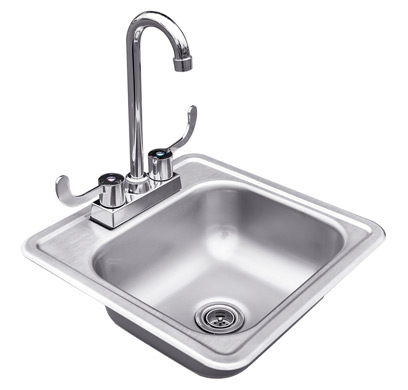 A stainless steel outdoor sink and faucet 